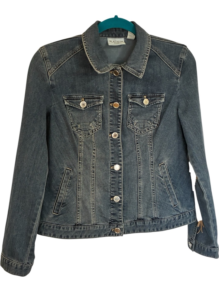 Chico's Platinum Dark Wash Denim Jacket With Tan Fringe On Back And Sleeves